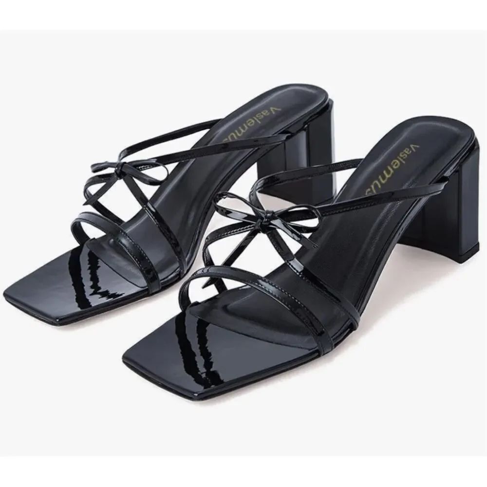 Vaslemuse Black Patent Bow Block Heel Sandals Square Toe Size 8.5